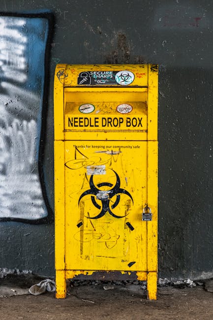 A pile of black rubbish bags, some partially torn open, and various discarded items such as cardboard, wood, and plastic, are stacked in front of a red metal door that is covered in white graffiti and stickers. The door is set into an off-white, textured concrete wall with visible wear and weathering. One sticker on the door reads 'Keep clear' in white letters on a blue background, while another sign states 'No money, do not ask' indicating unauthorized access or collection restrictions. The scene is outdoors, with natural lighting highlighting the contrast between the dark refuse and the aged wall surface, suggesting a context of illegal or unmanaged waste accumulation in an urban environment, possibly related to private disposal or independent rubbish removal efforts supported by companies like Rubbish Clearance Islington.