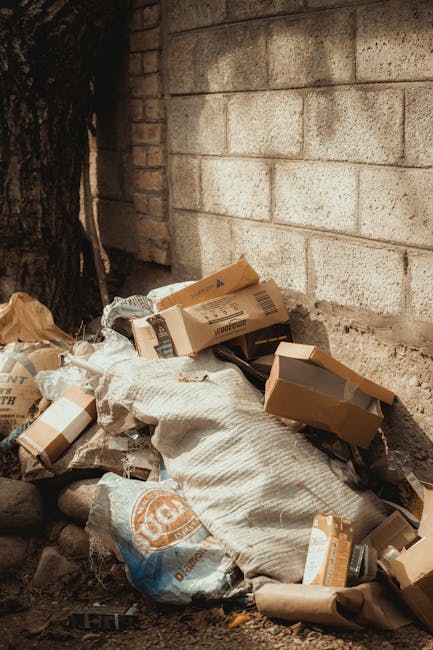 A pile of discarded cardboard boxes, some flattened and others still with flaps open, along with a large white fabric sack and a few loosely crumpled paper bags, all situated against a rough, unpainted brick wall outdoors. The cardboard varies in size, with some boxes showing printed labels and barcodes, and has a brown, recycled paper finish. The fabric sack appears textured and slightly stained, lying on a mixture of small stones and dirt. In the background, part of a tree trunk and roots are visible, casting shadows on the scene, and the overall environment suggests an outdoor rubbish disposal area. The scene reflects typical privately managed waste collection or on-site clearance activities, and occasional presence of clearings for rubbish removal services like those offered by Rubbish Clearance Islington. Natural lighting emphasizes the textures and colors of the waste materials and surrounding environment, providing an accurate visual representation suitable for a rubbish removal services context.